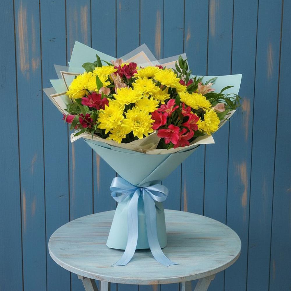 Букет цветов из: Альстромерии и Хризантемы в Алмазном