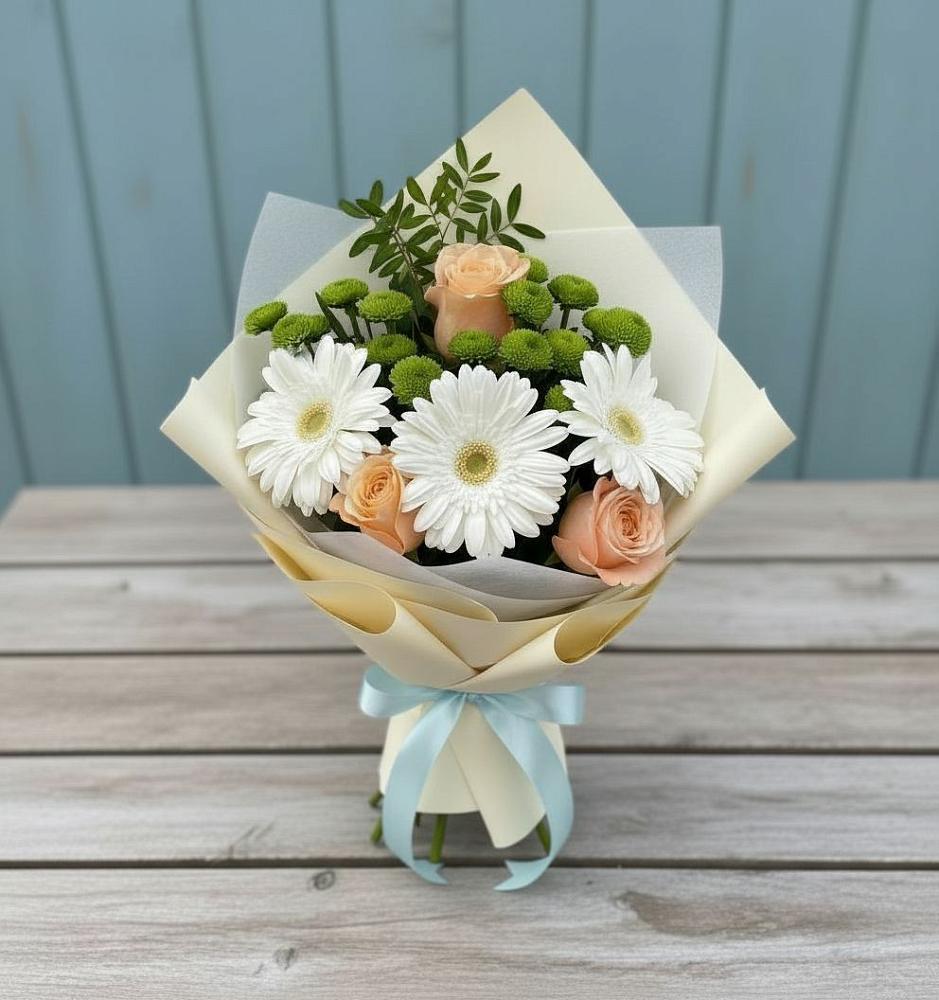 Букет цветов из: Герберы, Розы и Хризантемы в Алмазном