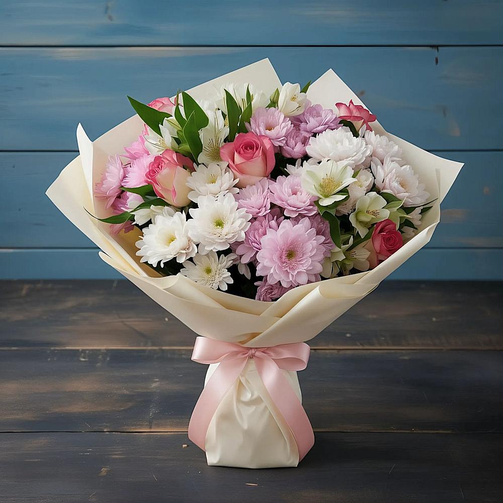 Букет цветов из: Хризантемы, Альстромерии и Розы в Алмазном